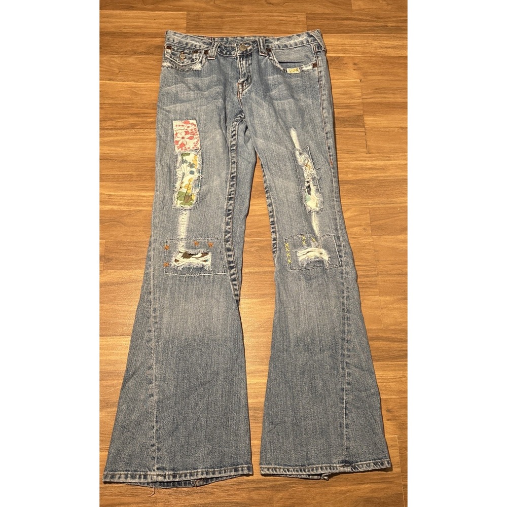 True Religion Woodstock Floral Patchwork Distressed Flare Jeans Blue Womens 31